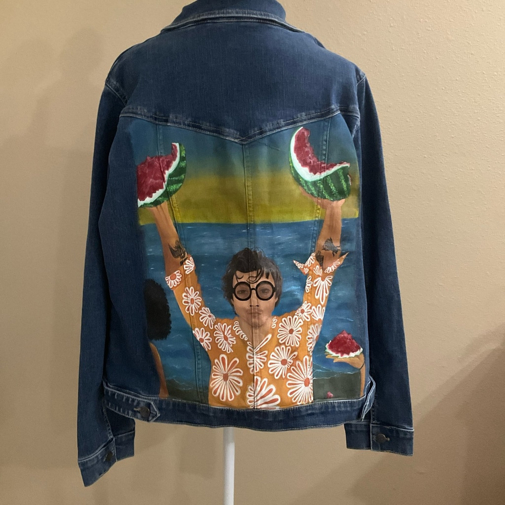 NWT Lee Riders Artsy XL Custom-painted denim jacket with a watermelon design